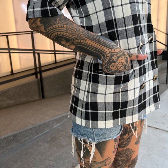 VINTAGE/Women's Long Boxy Short Sleeve Fitted Blazer Plaid Pattern sz 12 - Picture 12 of 16